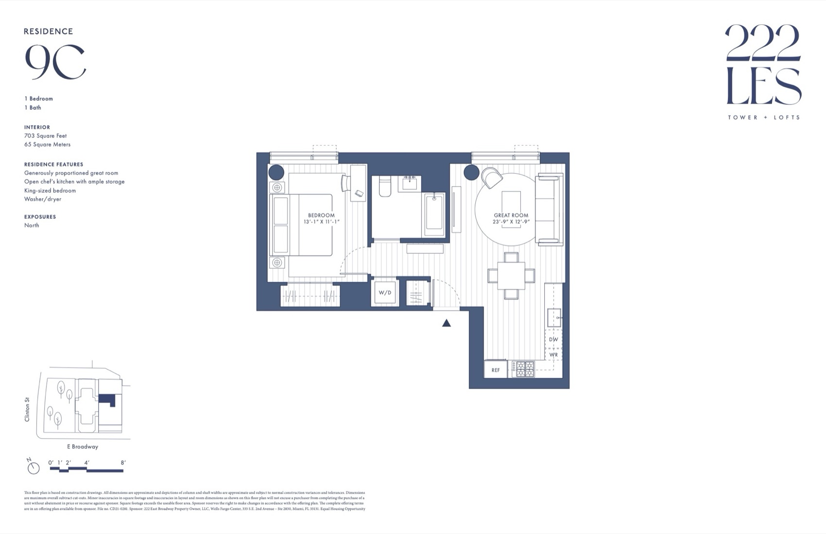 222 LES Tower + Lofts Residence 9C — 1 Bed / 1 Bath floor plan