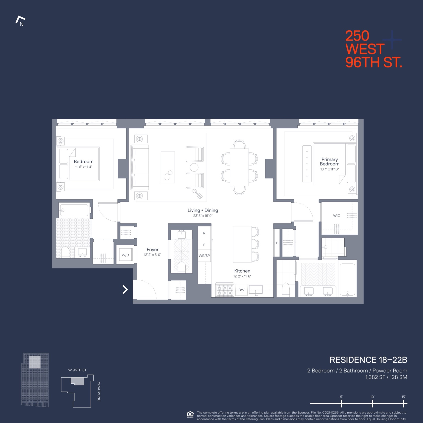 250 West 96th Street Residence B (Floors 18-22) — 1,382 SF floor plan