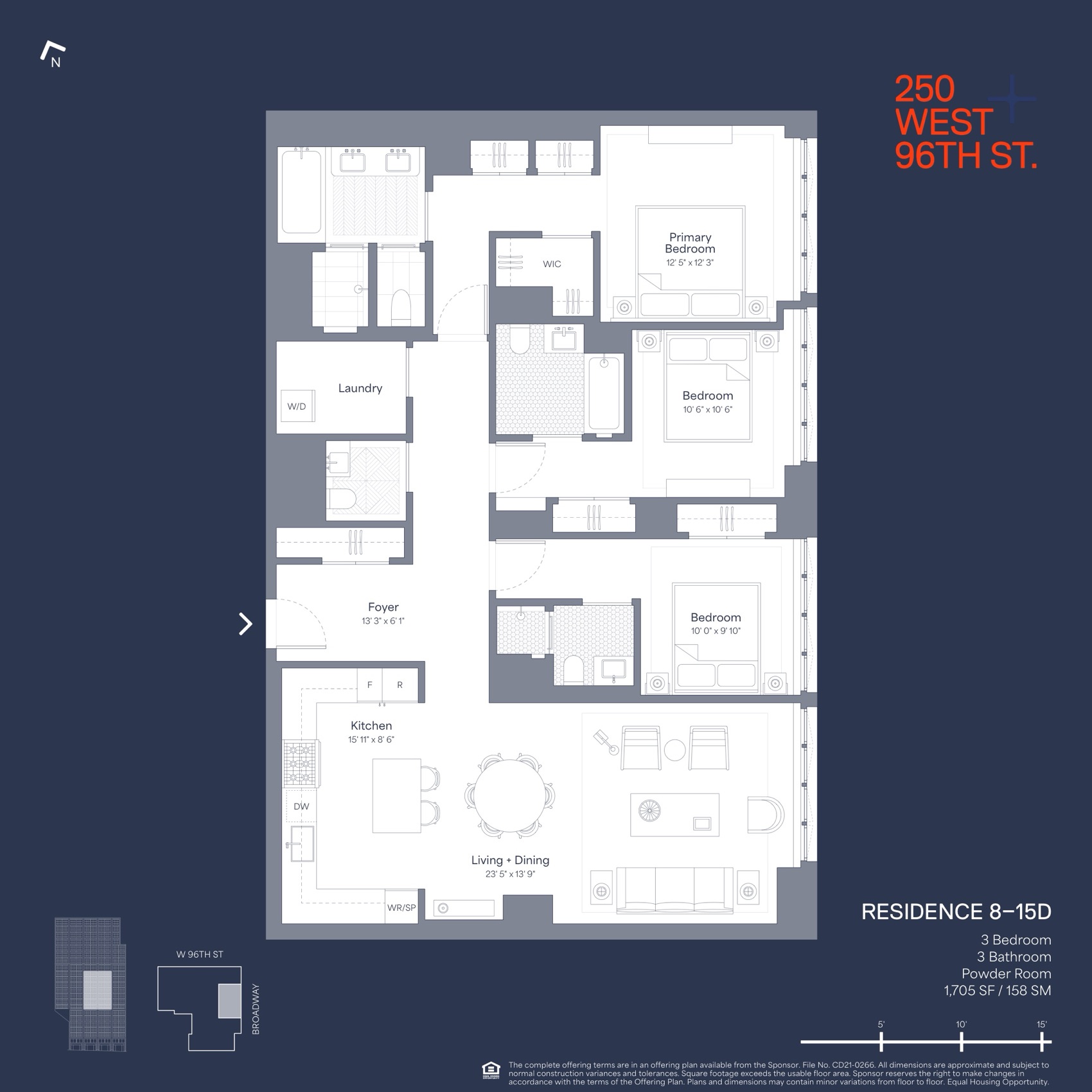 250 West 96th Street Residence D (Floors 8-15) — 1,705 SF floor plan