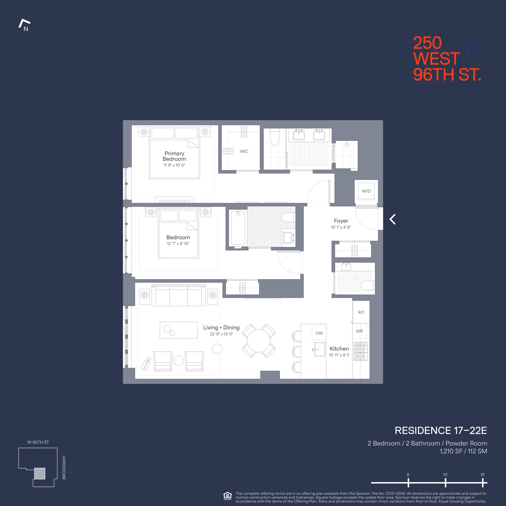 250 West 96th Street Residence E (Floors 17-22) — 1,210 SF floor plan