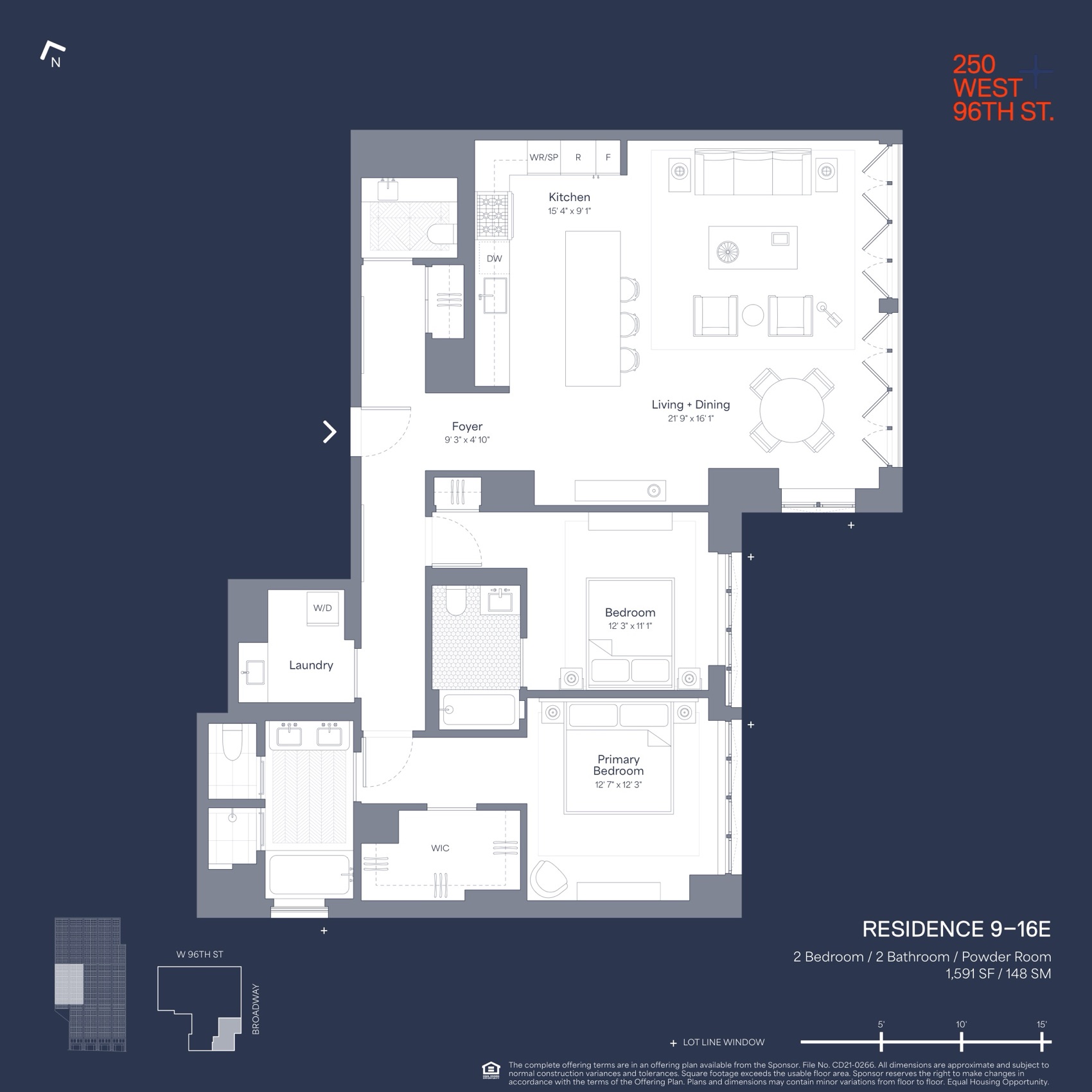 250 West 96th Street Residence E (Floors 9-16) — 1,591 SF floor plan