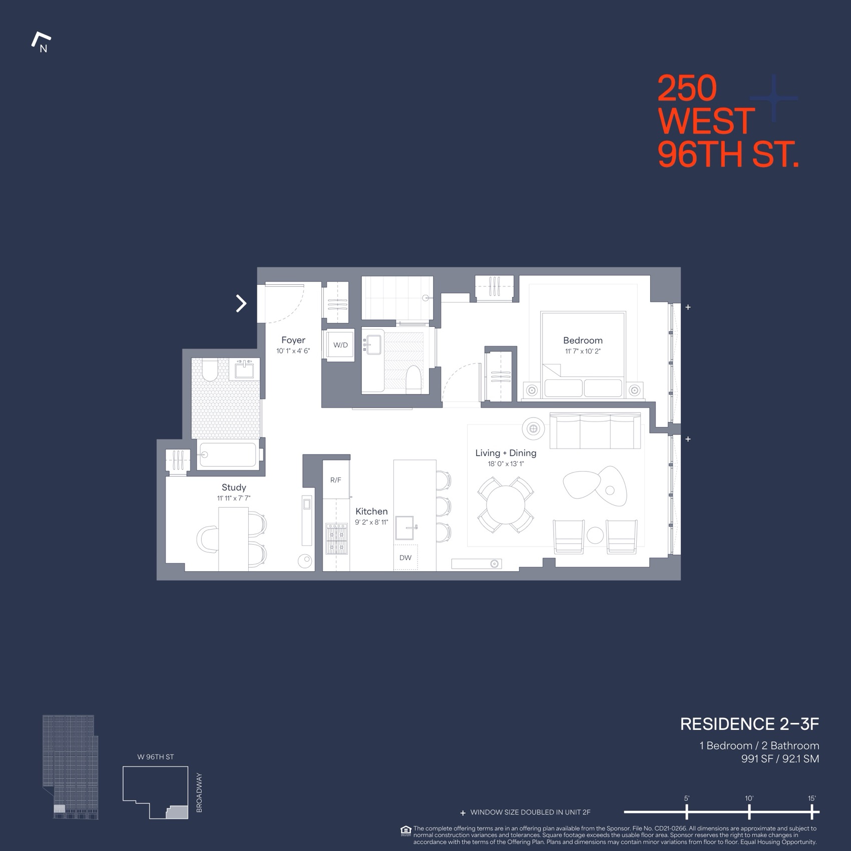 250 West 96th Street Residence F (Floors 2-3) — 991 SF floor plan