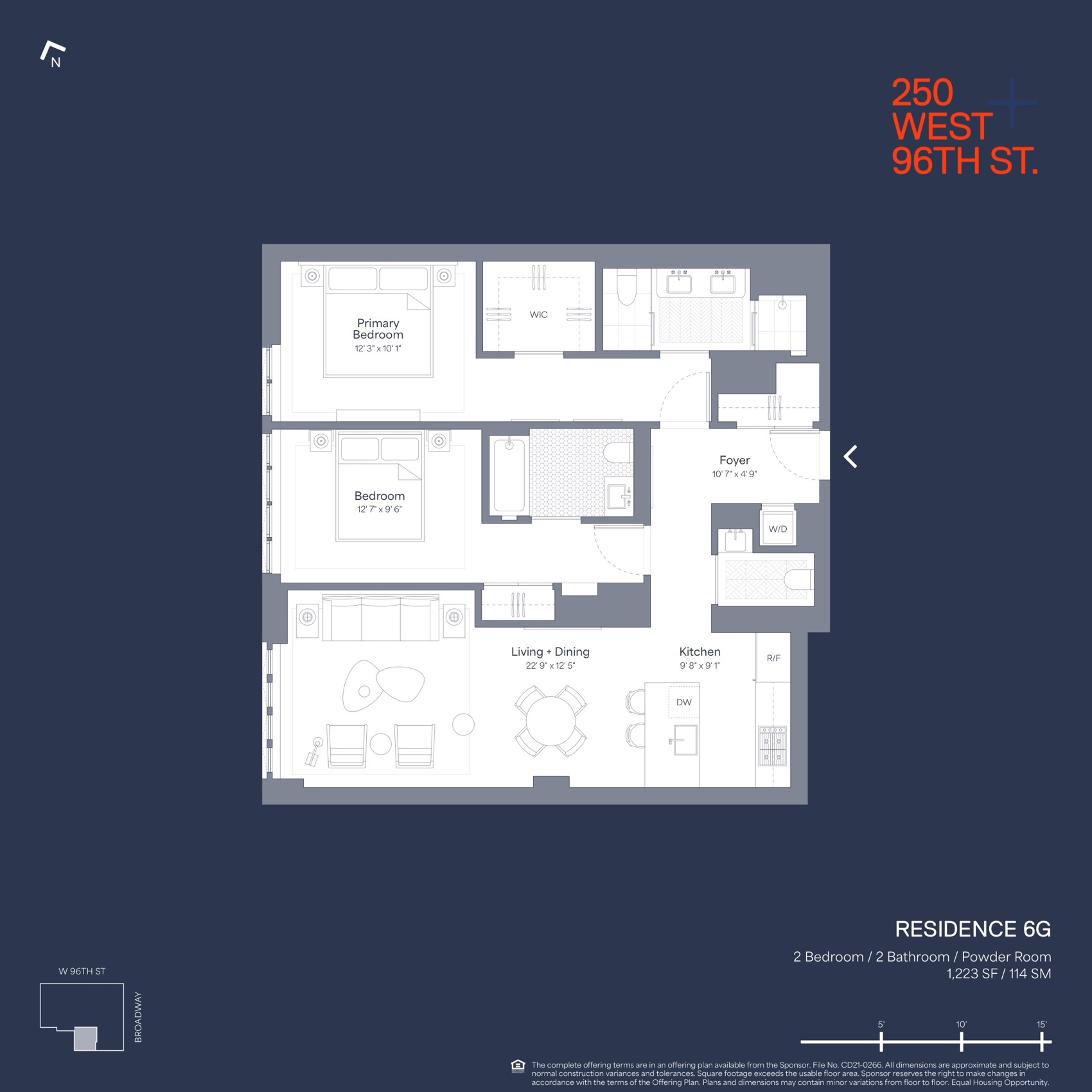 250 West 96th Street Residence G (Floor 6) — 1,223 SF floor plan