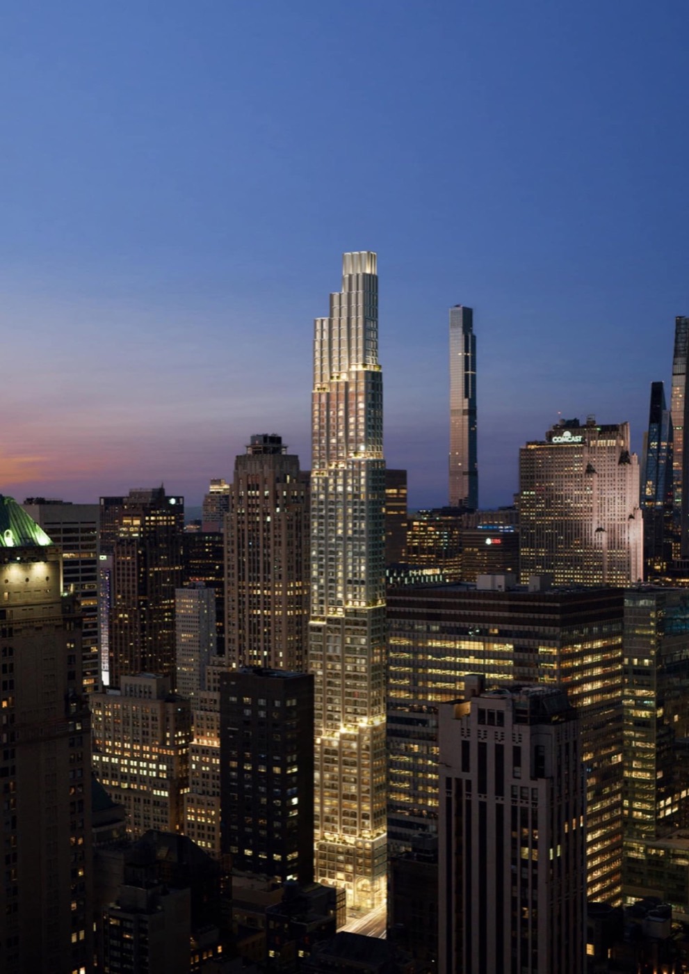 520 Fifth Avenue Tower illuminated at dusk, Midtown skyline (official rendering)