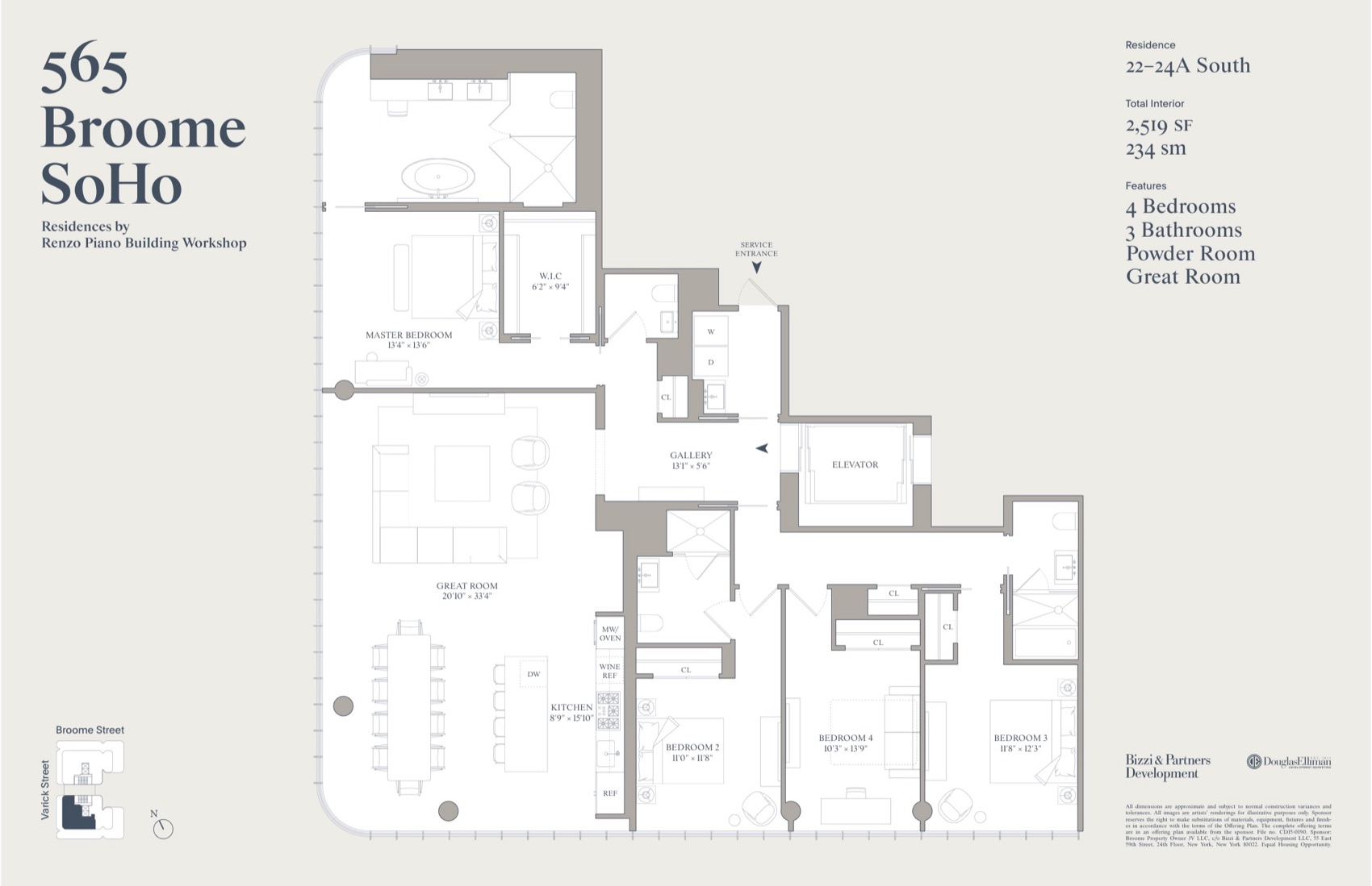 565 Broome Soho Residence Line A, Floors 22-24 South (4 Bed) — floor plan floor plan