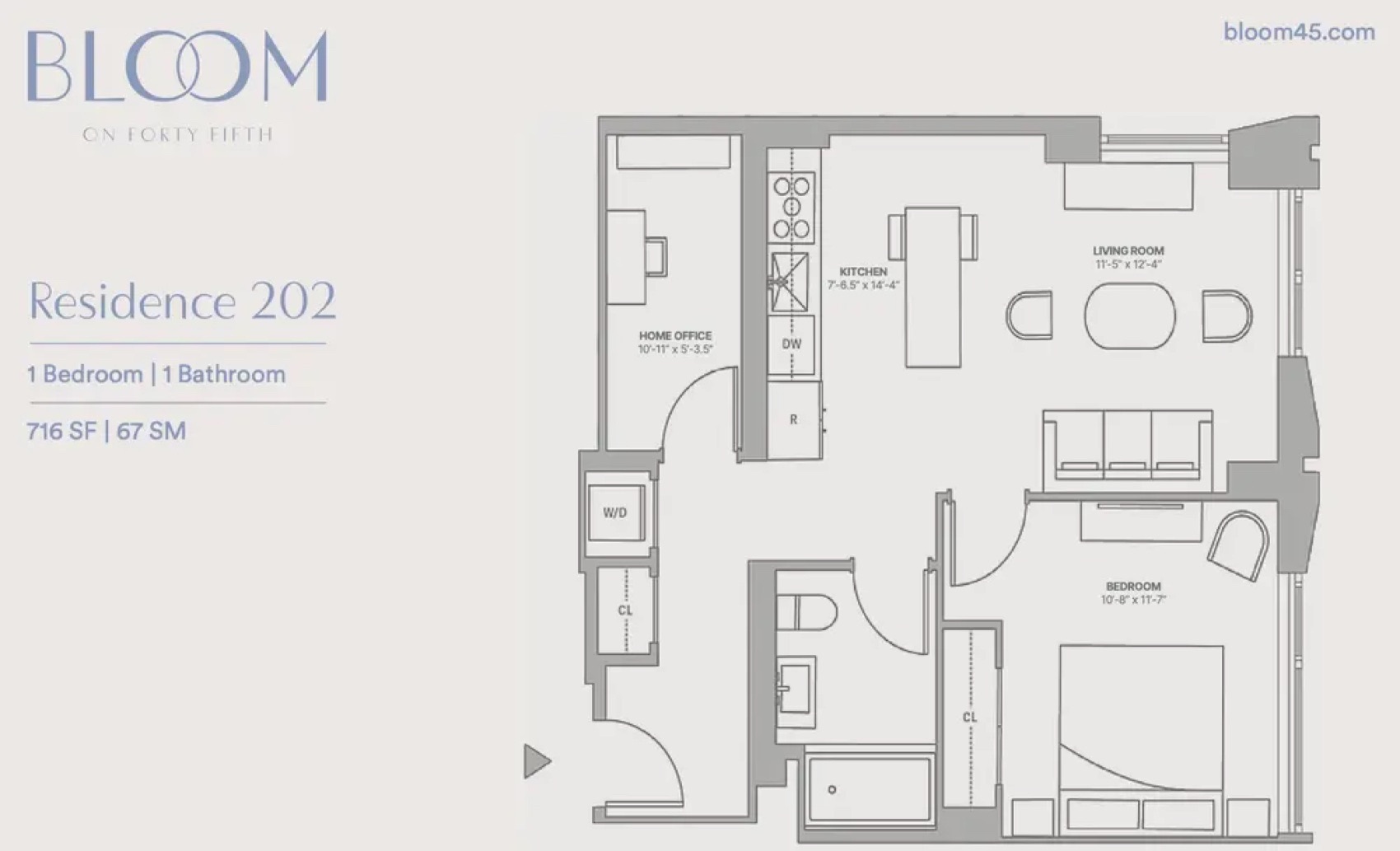 Bloom on Forty Fifth Residence 202 — 1 Bedroom floor plan