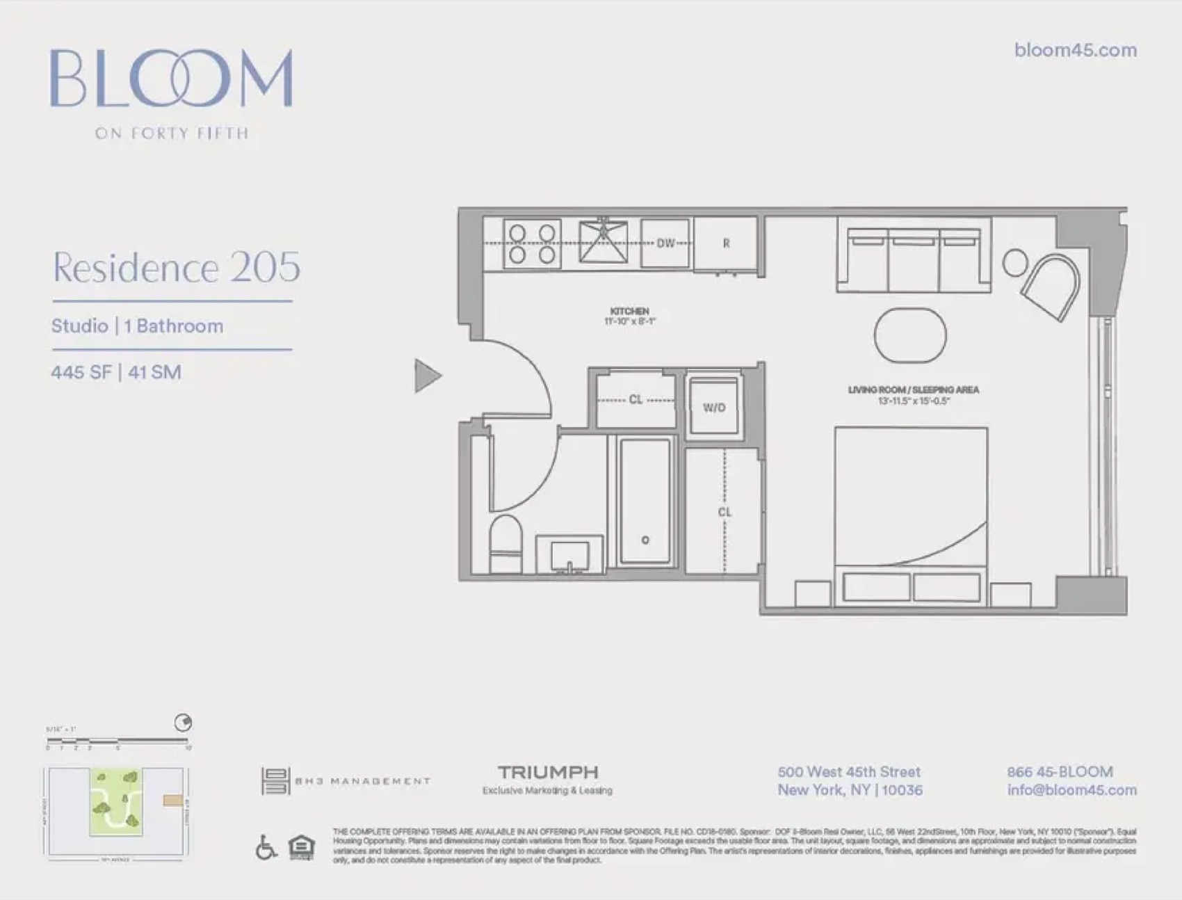 Bloom on Forty Fifth Residence 205 — Studio (445 SF) floor plan