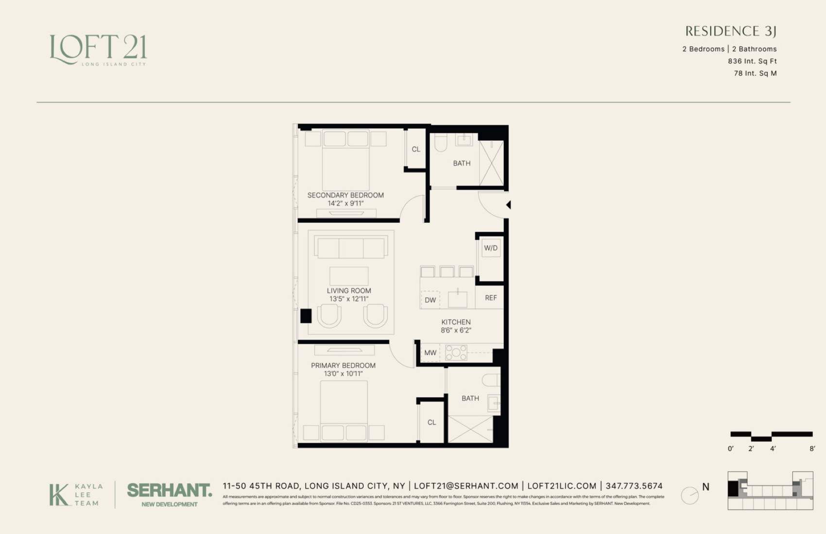 Loft 21 Residence 3J — 2 Bed / 2 Bath (836 sf) floor plan