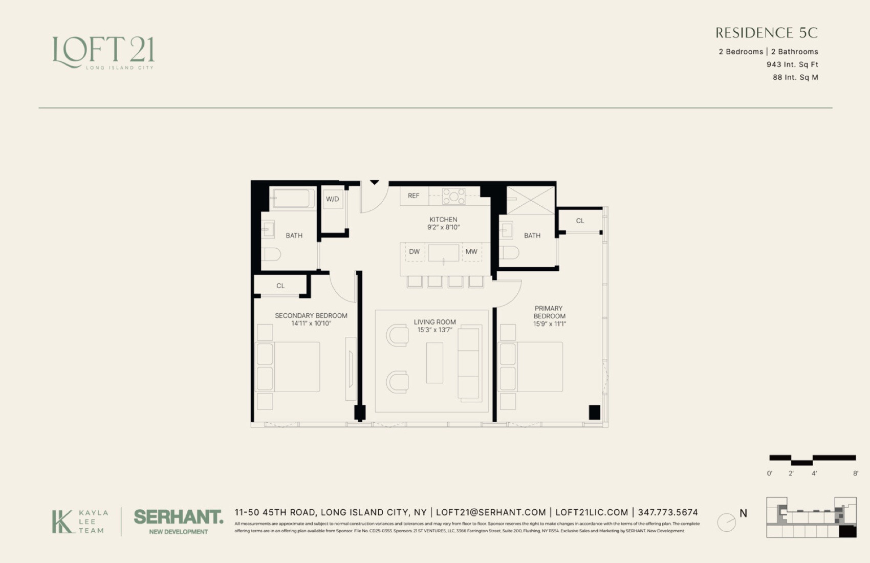 Loft 21 Residence 5C — 2 Bed / 2 Bath (943 sf) floor plan