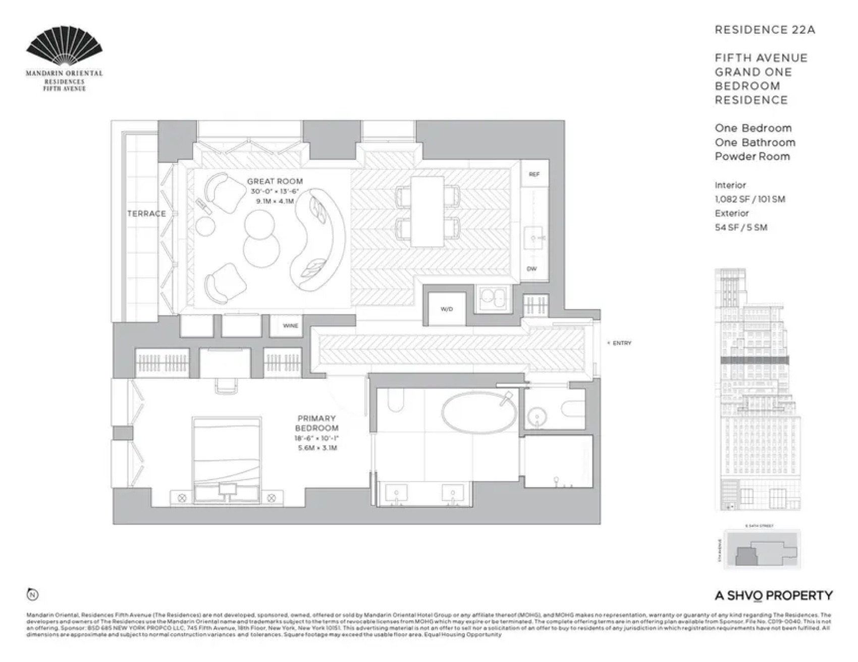 Mandarin Oriental Residences, Fifth Avenue Residence 22A — 1 Bed floor plan