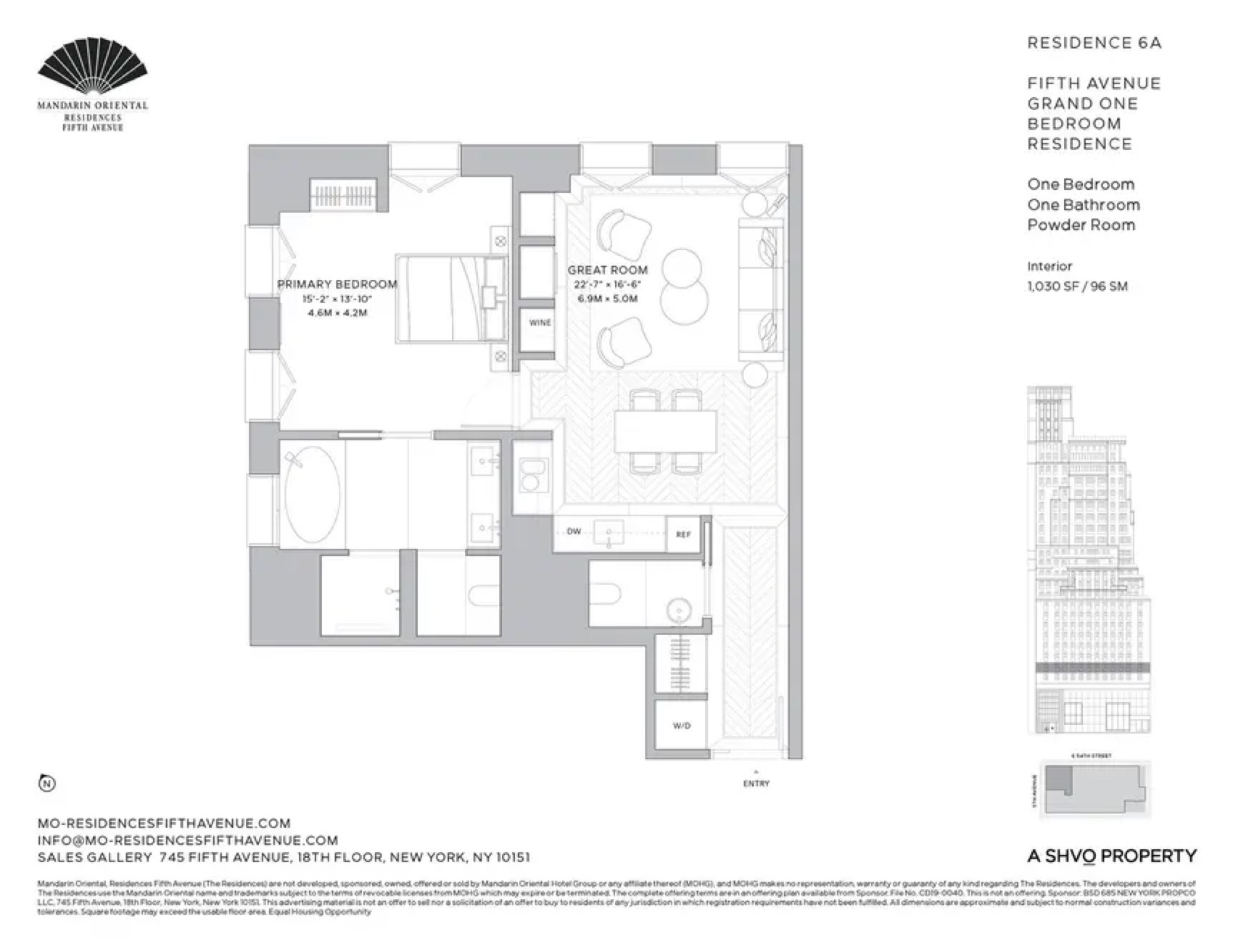 Mandarin Oriental Residences, Fifth Avenue Residence 6A — Grand One Bedroom (1 Bed) floor plan