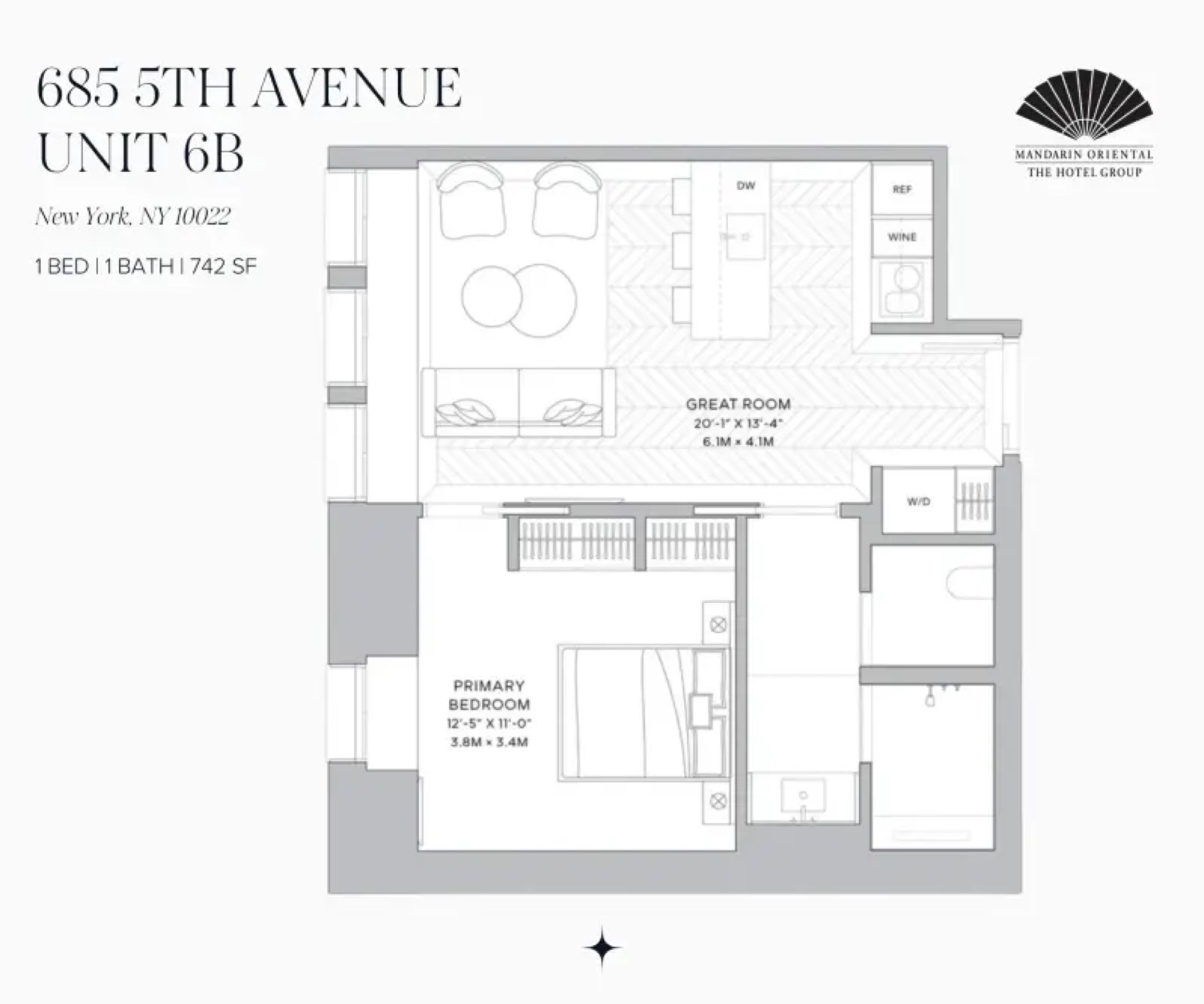 Mandarin Oriental Residences, Fifth Avenue Residence 6B — 1 Bed floor plan