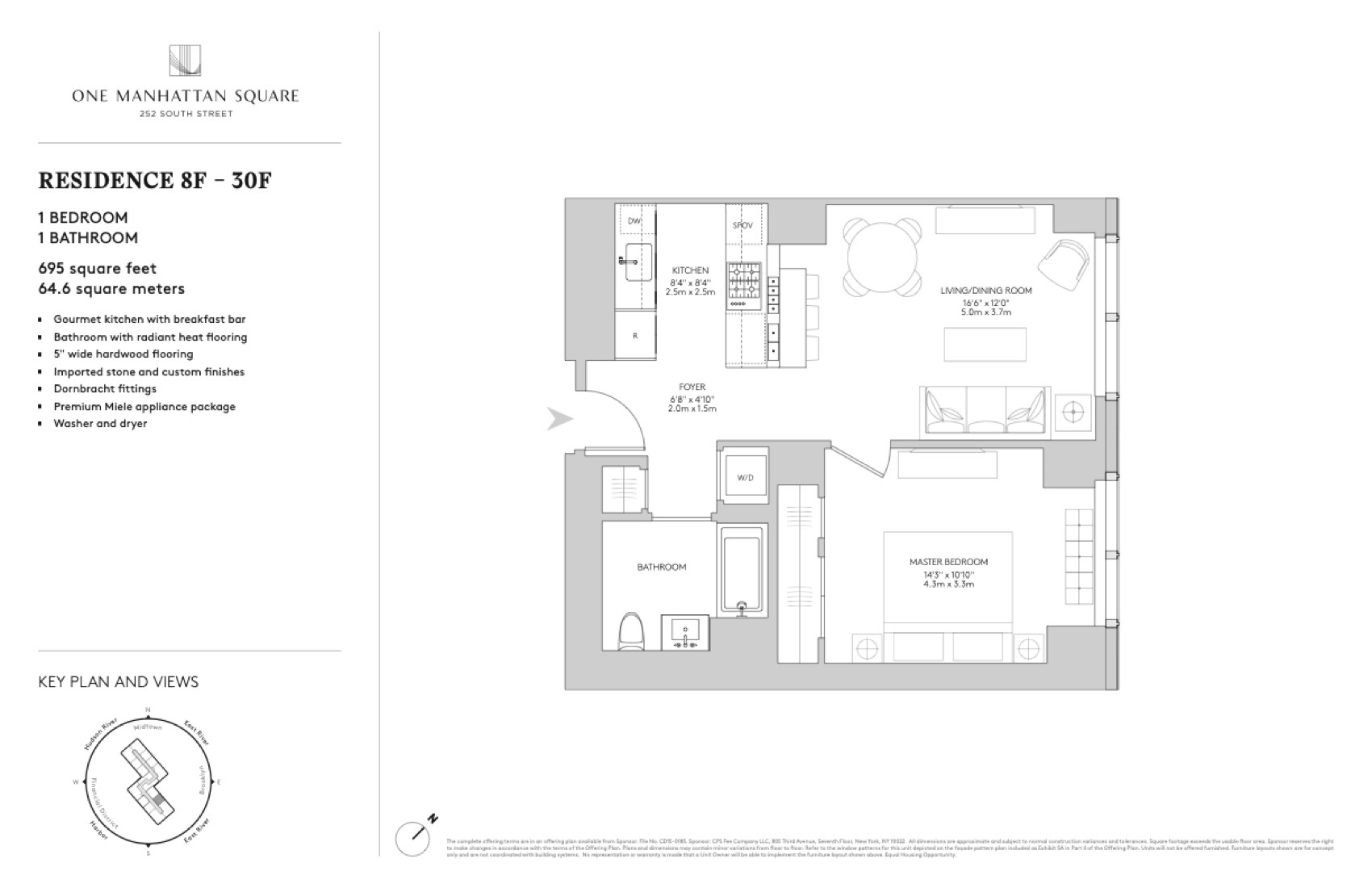 One Manhattan Square Residence 22F — 1 Bed (695 sf) floor plan