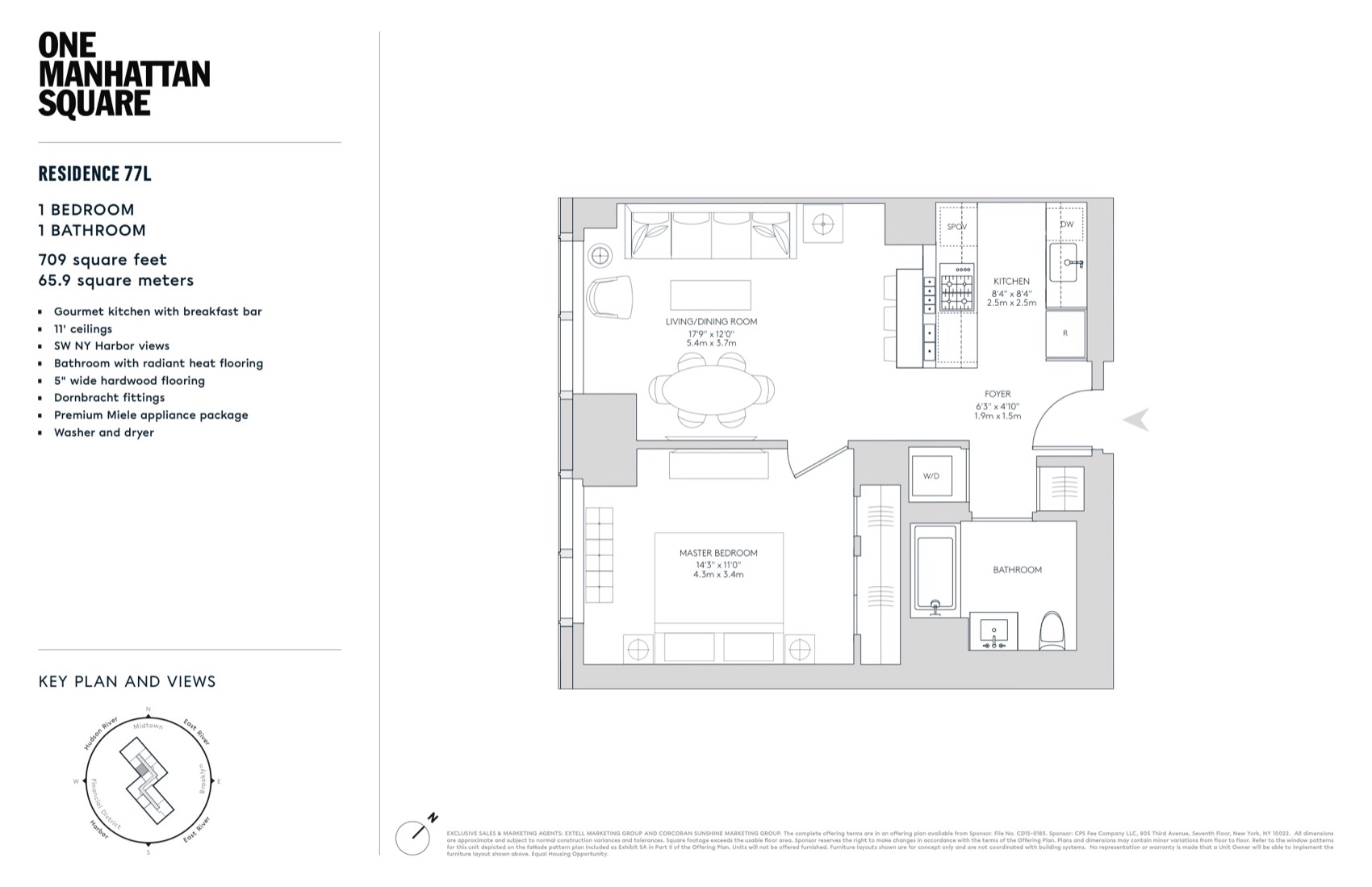 One Manhattan Square Residence 77L — 1 Bed (709 sf) floor plan