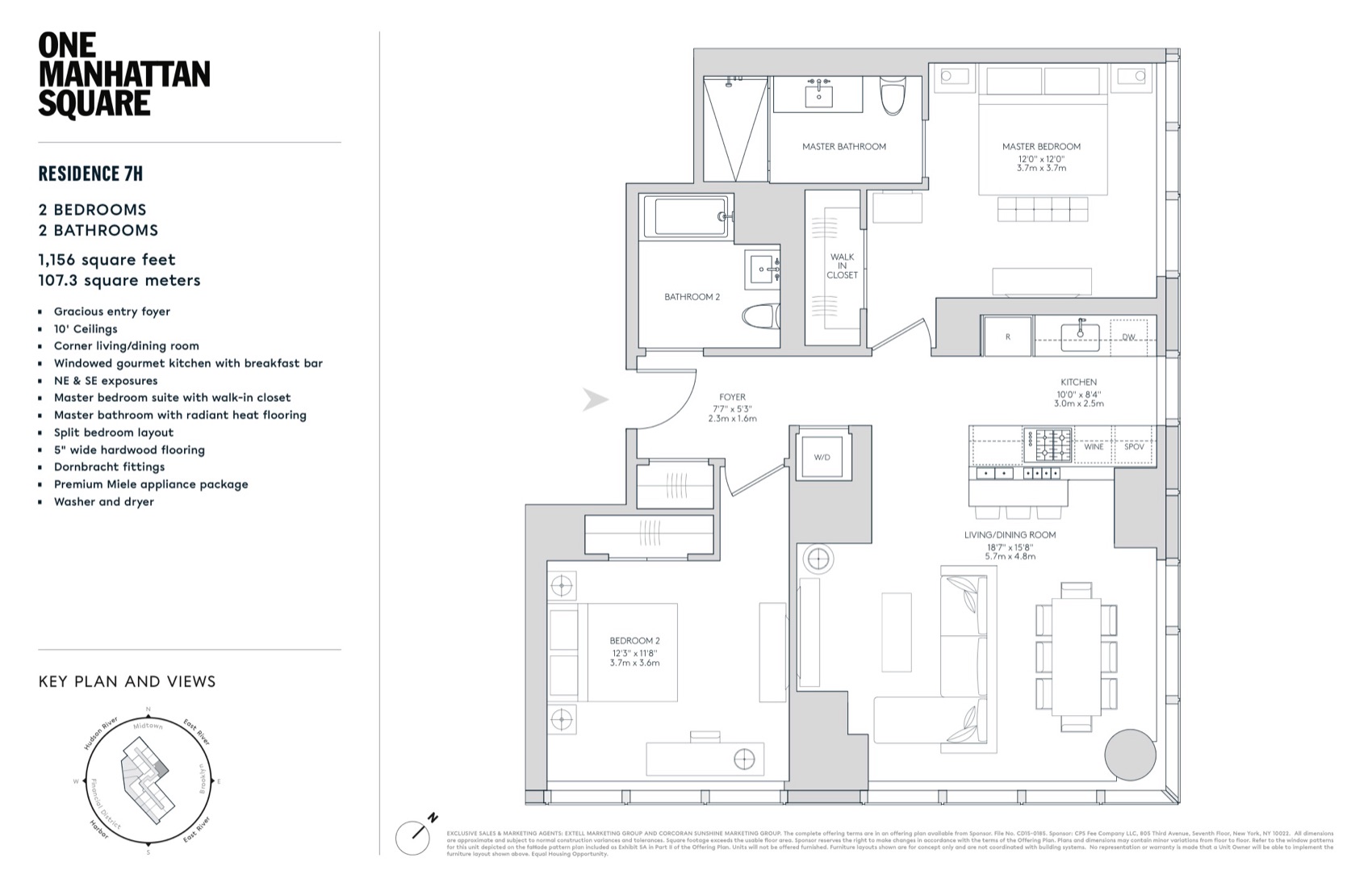 One Manhattan Square Residence 7H — 2 Bed (1,156 sf) floor plan