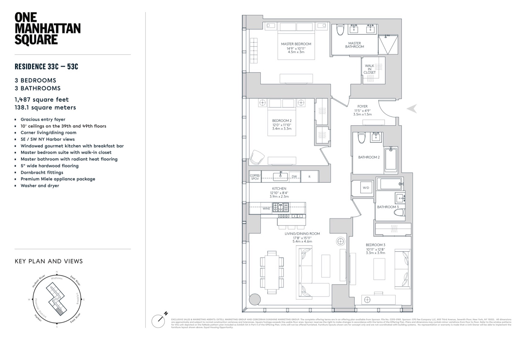 One Manhattan Square Residences 33C–53C (C Line) — 2 Bed (1,487 sf) floor plan