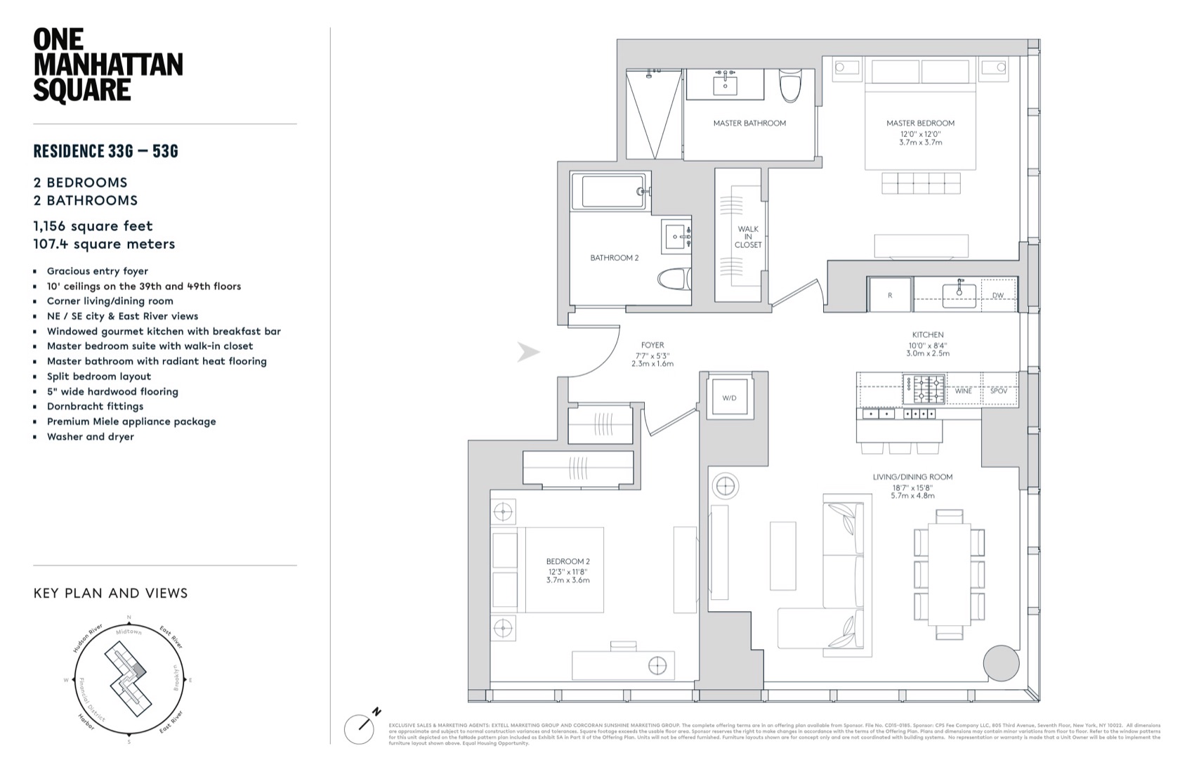 One Manhattan Square Residences 33G–53G (G Line) — 2 Bed (1,156 sf) floor plan