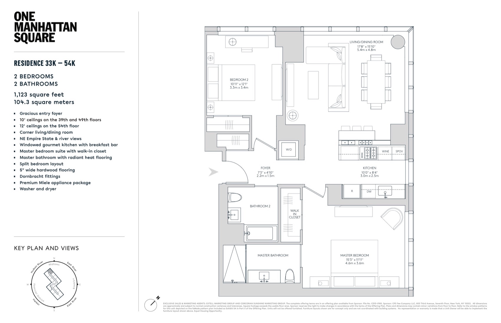 One Manhattan Square Residences 33K–54K (K Line) — 2 Bed (1,123 sf) floor plan