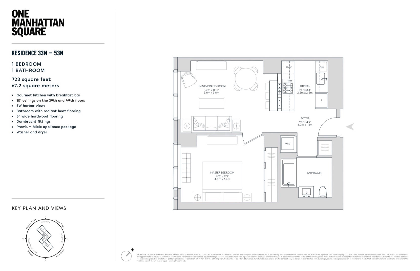 One Manhattan Square Residences 33N–53N (N Line) — 1 Bed (722 sf) floor plan