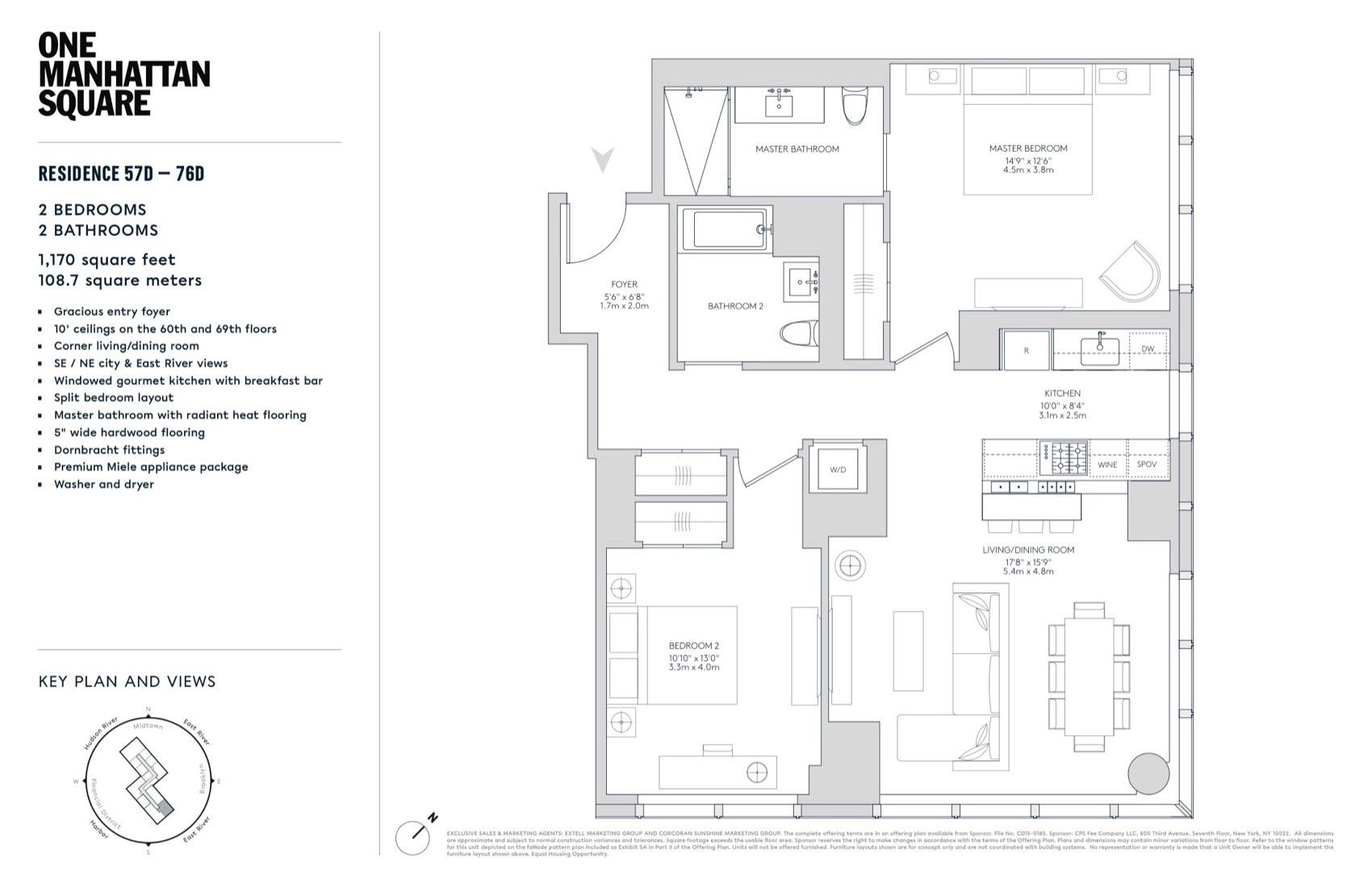 One Manhattan Square Residences 57D–76D (D Line) — 2 Bed (1,170 sf) floor plan