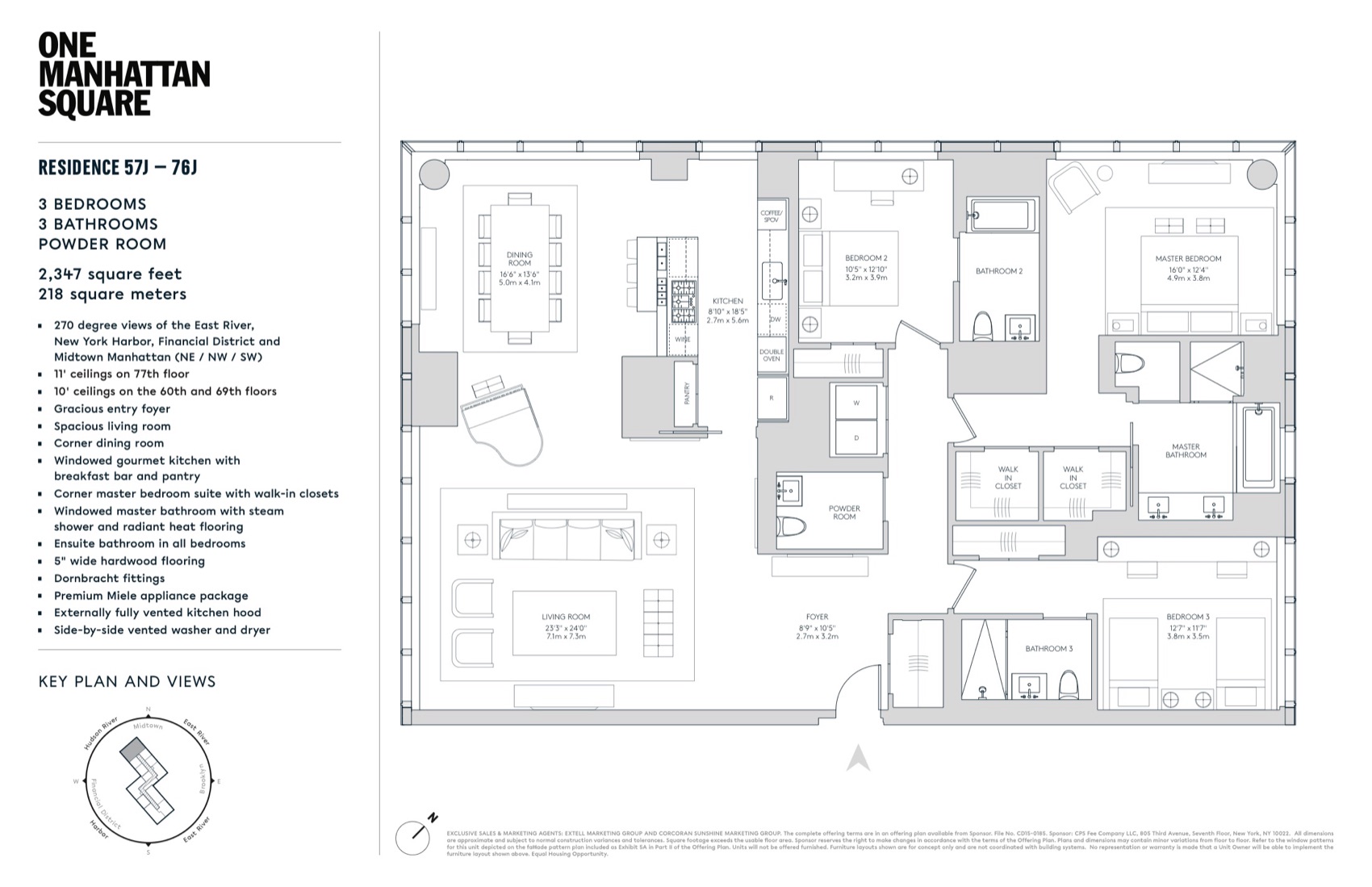 One Manhattan Square Residences 57J–76J (J Line) — 3 Bed (2,347 sf) floor plan