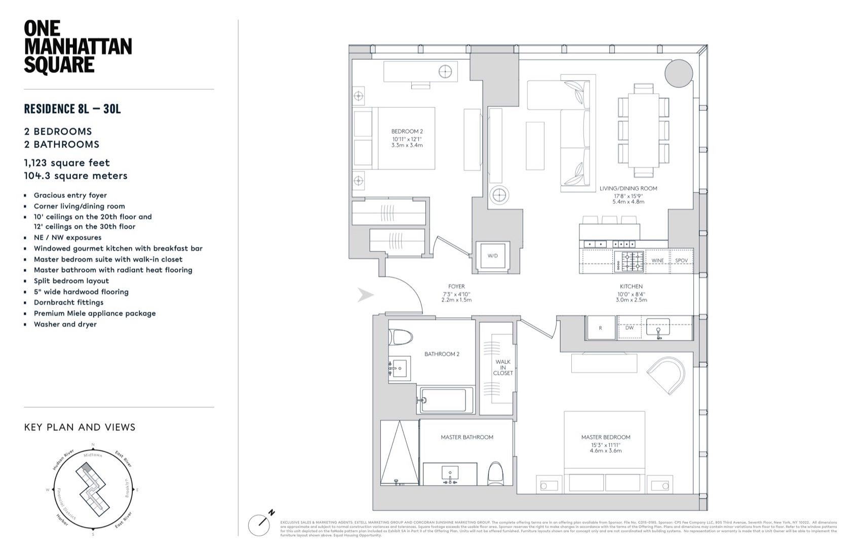 One Manhattan Square Residences 8L–30L (L Line) — 2 Bed (1,123 sf) floor plan