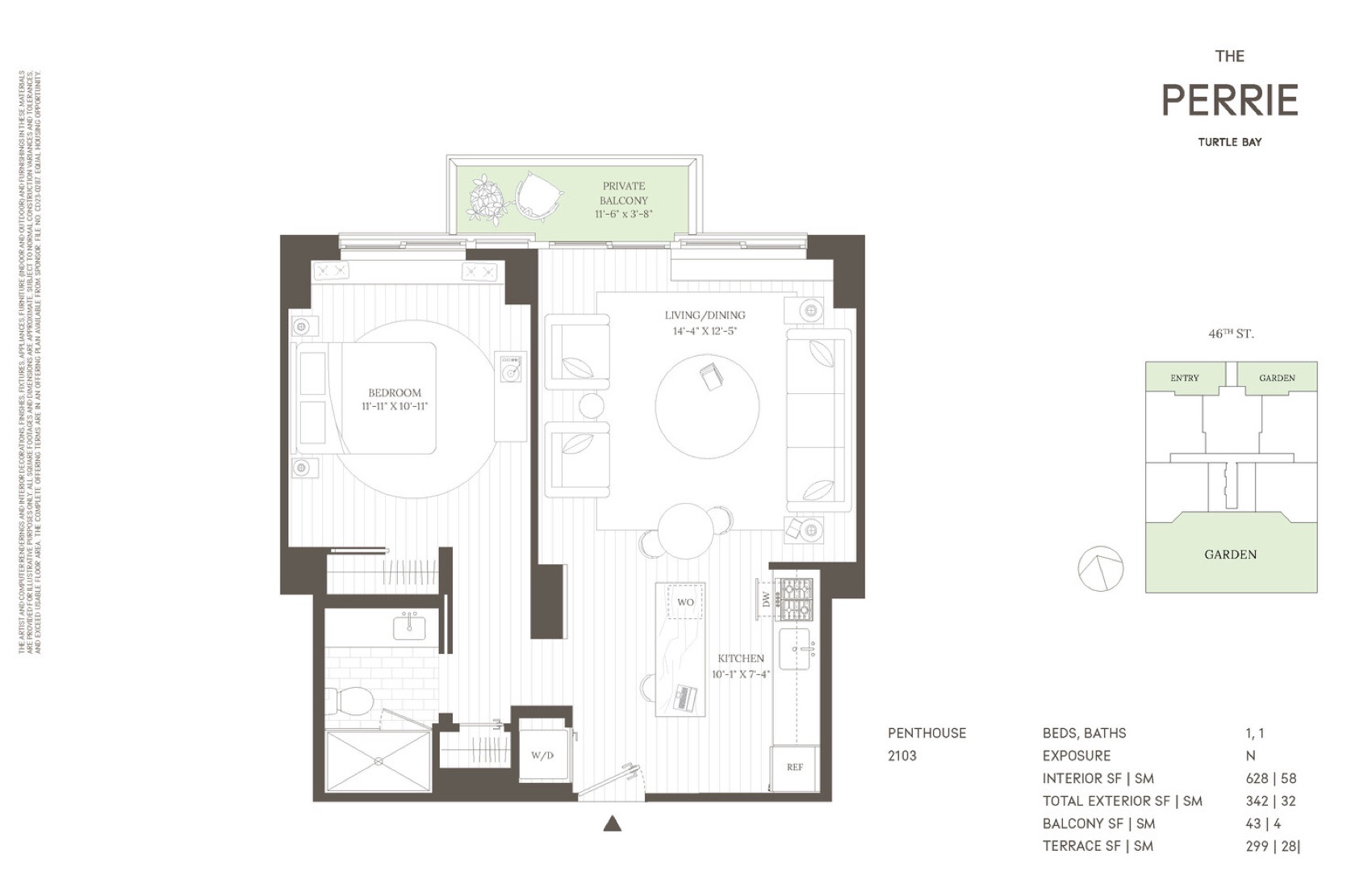 The Perrie Penthouse 2103 — 1 Bed/1 Bath (628 SF + terrace) floor plan