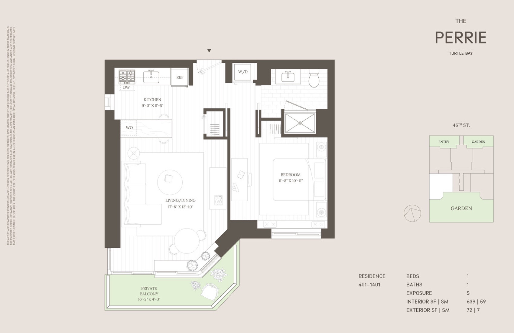 The Perrie Residence — 01 line, 1 Bed/1 Bath (mid-floor) floor plan
