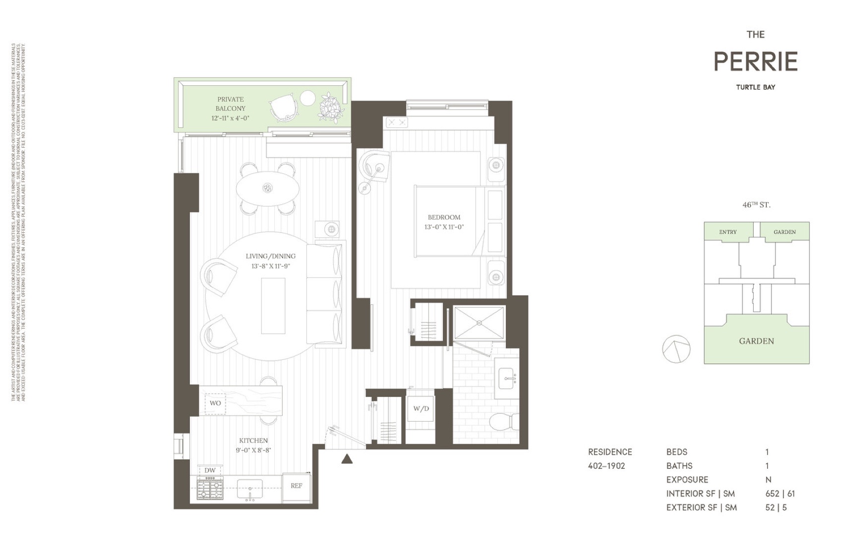 The Perrie Residence 402–1902 — 1 Bed/1 Bath (652 SF, N exposure) floor plan