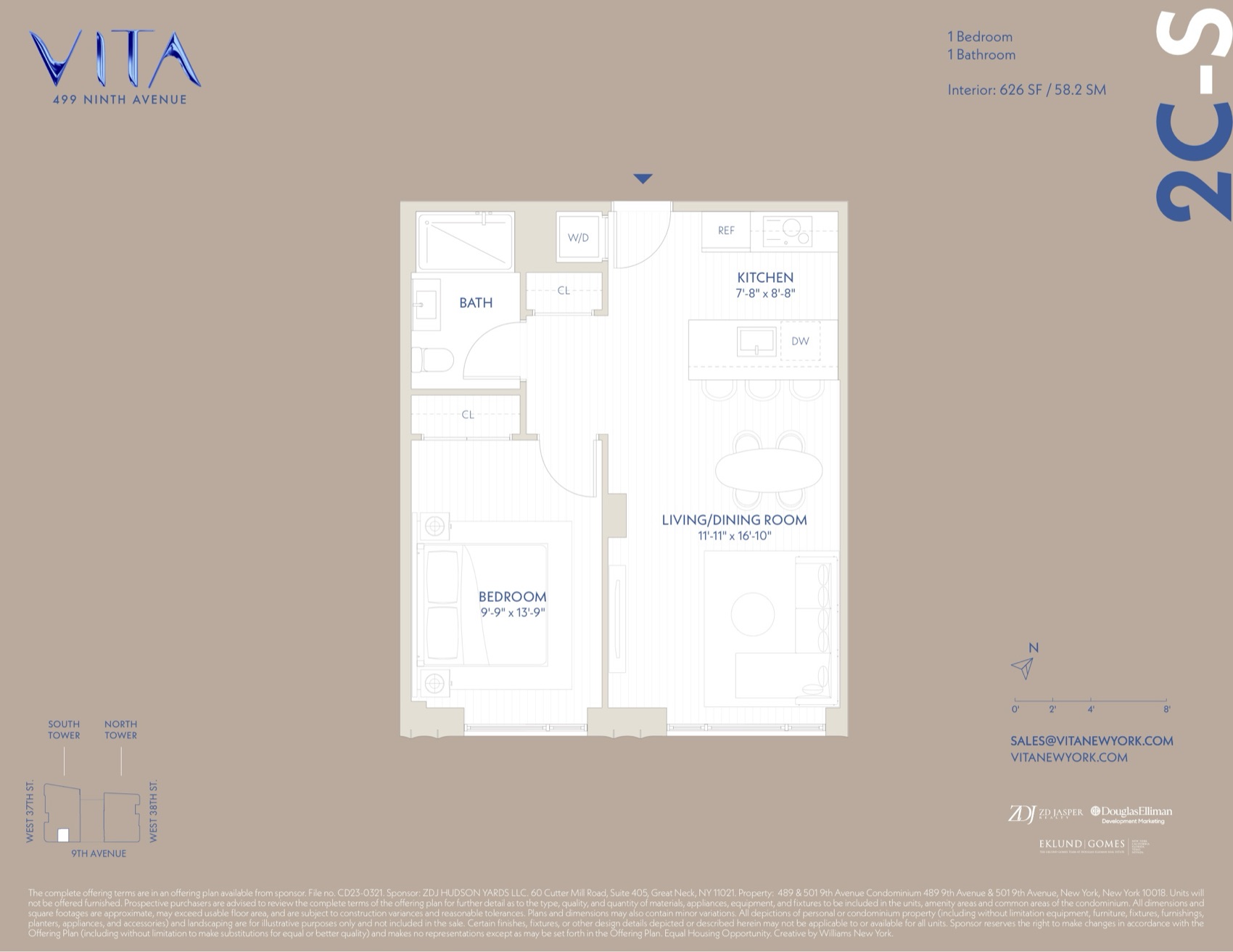 VITA South Tower Residence 2C-S — 1 Bed / 1 Bath (626 sf) floor plan