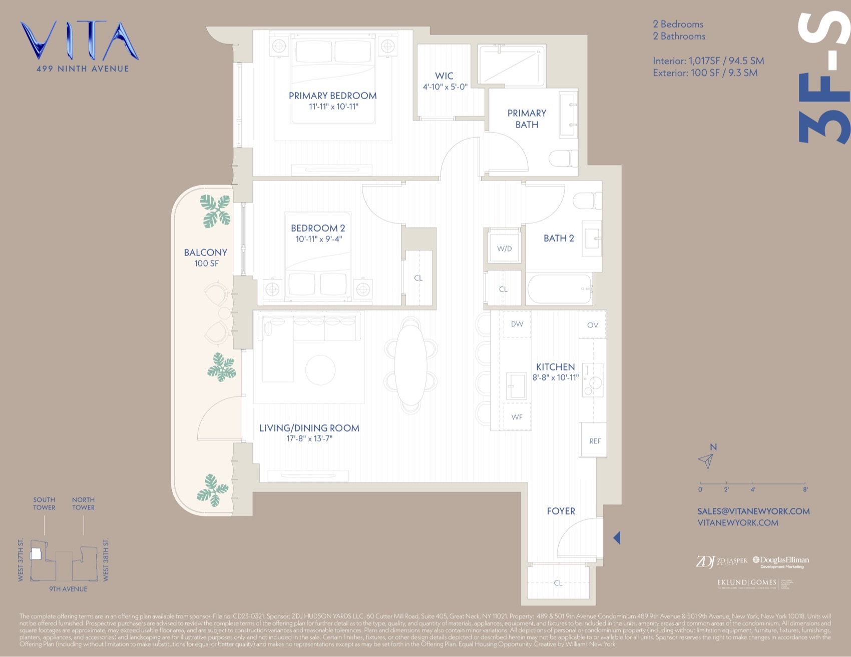 VITA South Tower Residence 3F-S — 2 Bed / 2 Bath (1,017 sf) floor plan