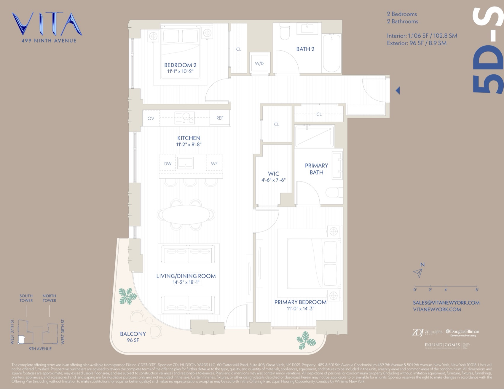 VITA South Tower Residence 5D-S — 2 Bed / 2 Bath (1,106 sf) floor plan