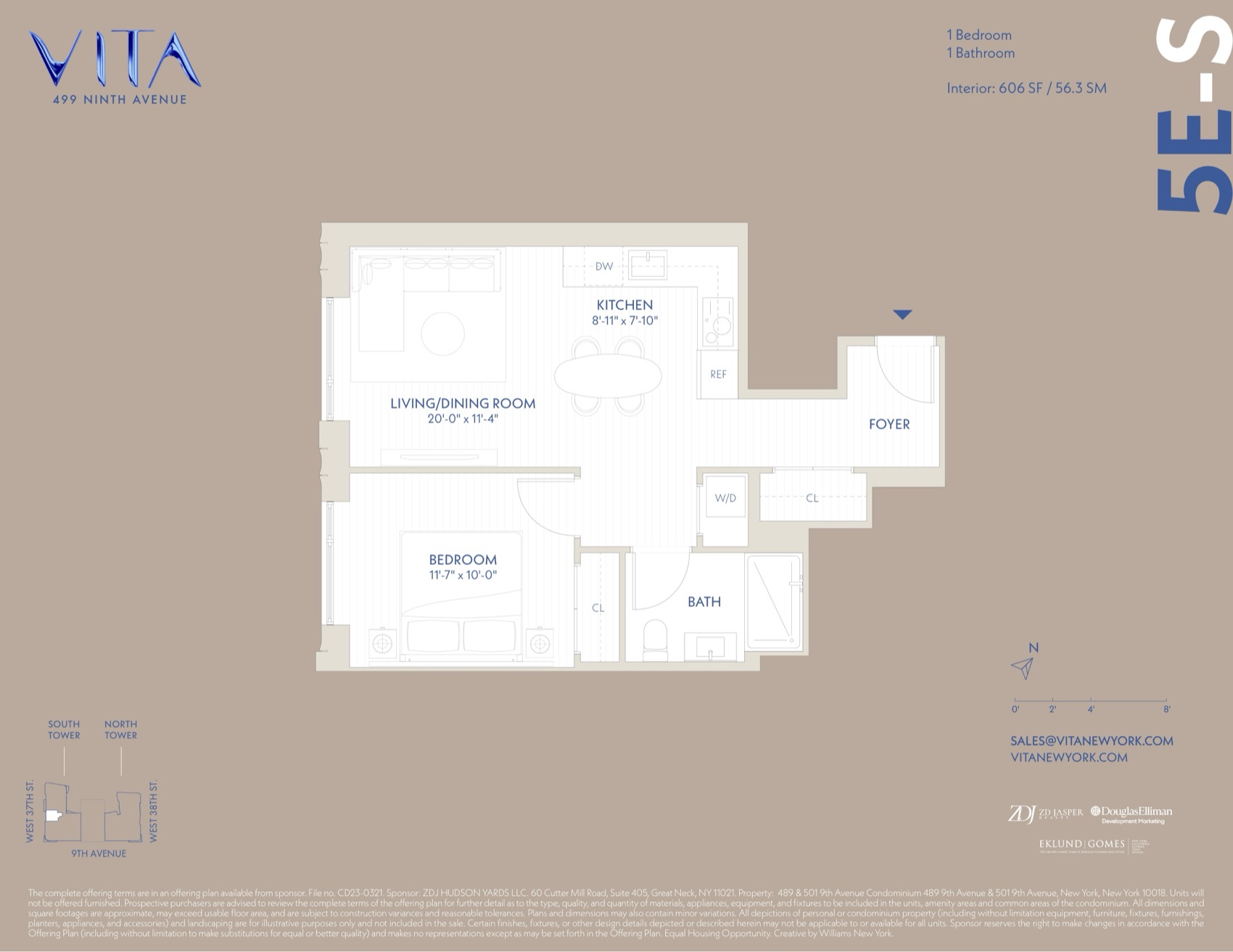VITA South Tower Residence 5E-S — 1 Bed / 1 Bath (606 sf) floor plan
