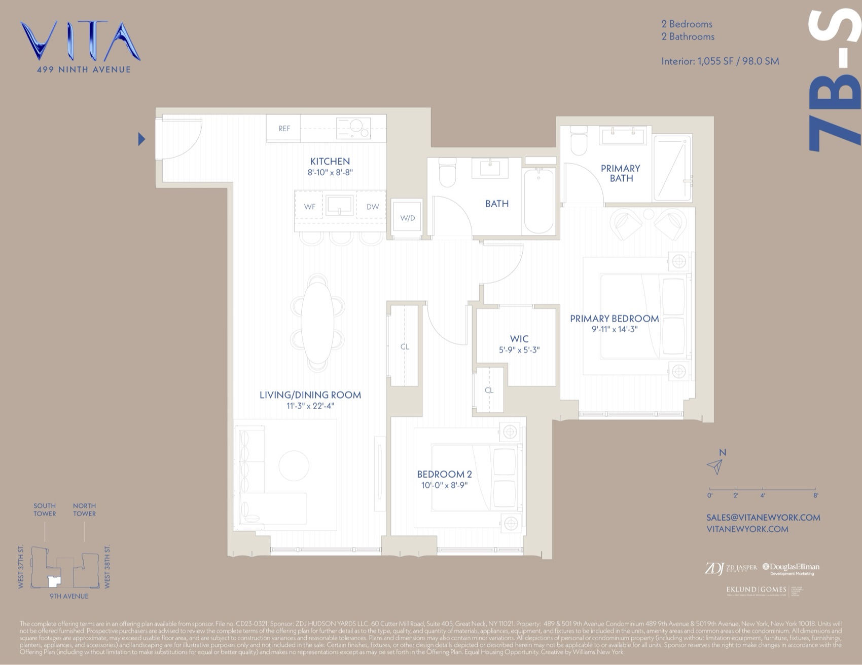 VITA South Tower Residence 7B-S — 2 Bed / 2 Bath (1,055 sf) floor plan