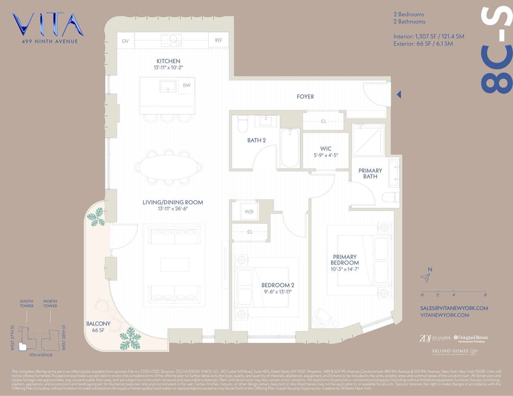VITA South Tower Residence 8C-S — 2 Bed / 2 Bath (1,307 sf) floor plan