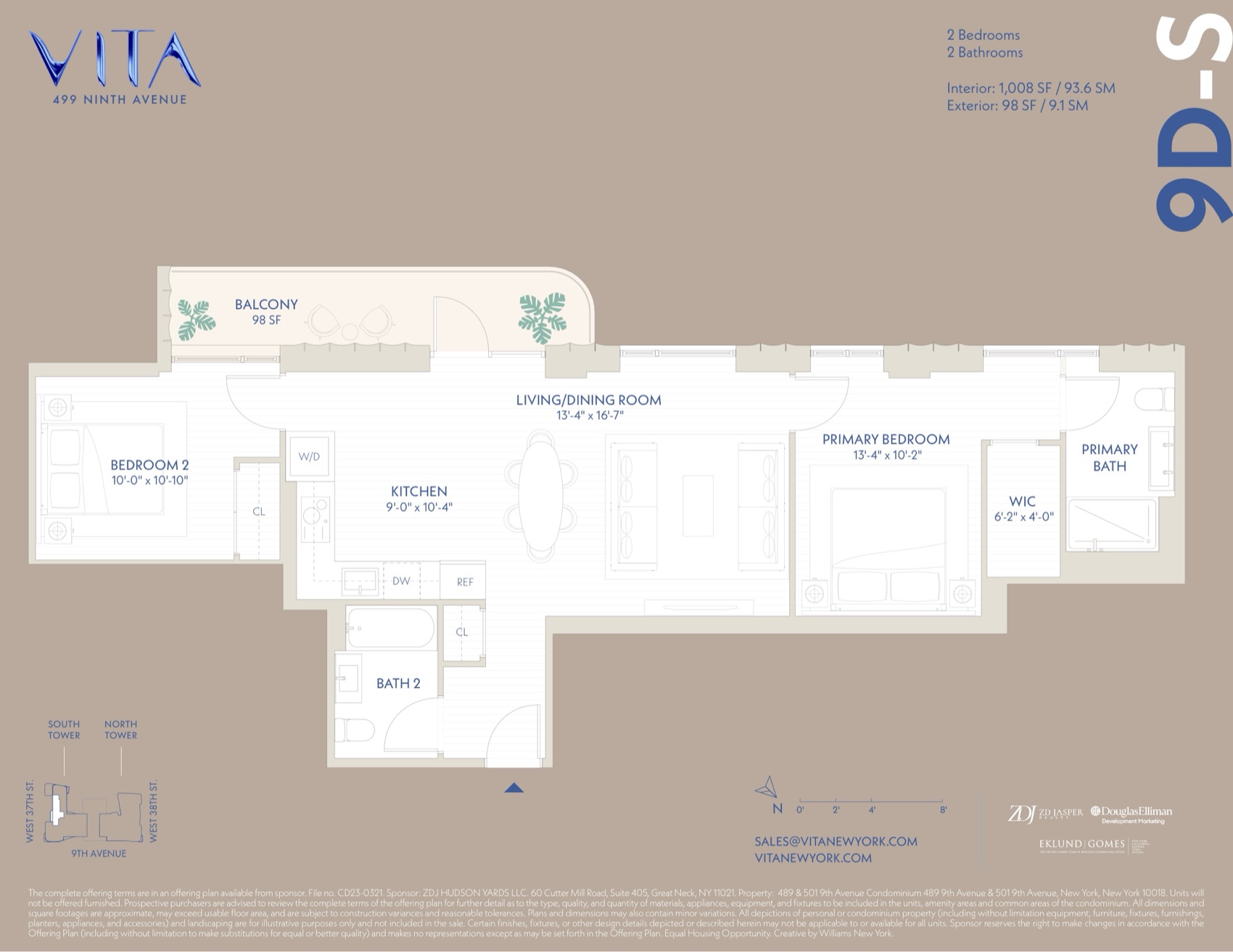 VITA South Tower Residence 9D-S — 2 Bed / 2 Bath (1,008 sf) floor plan