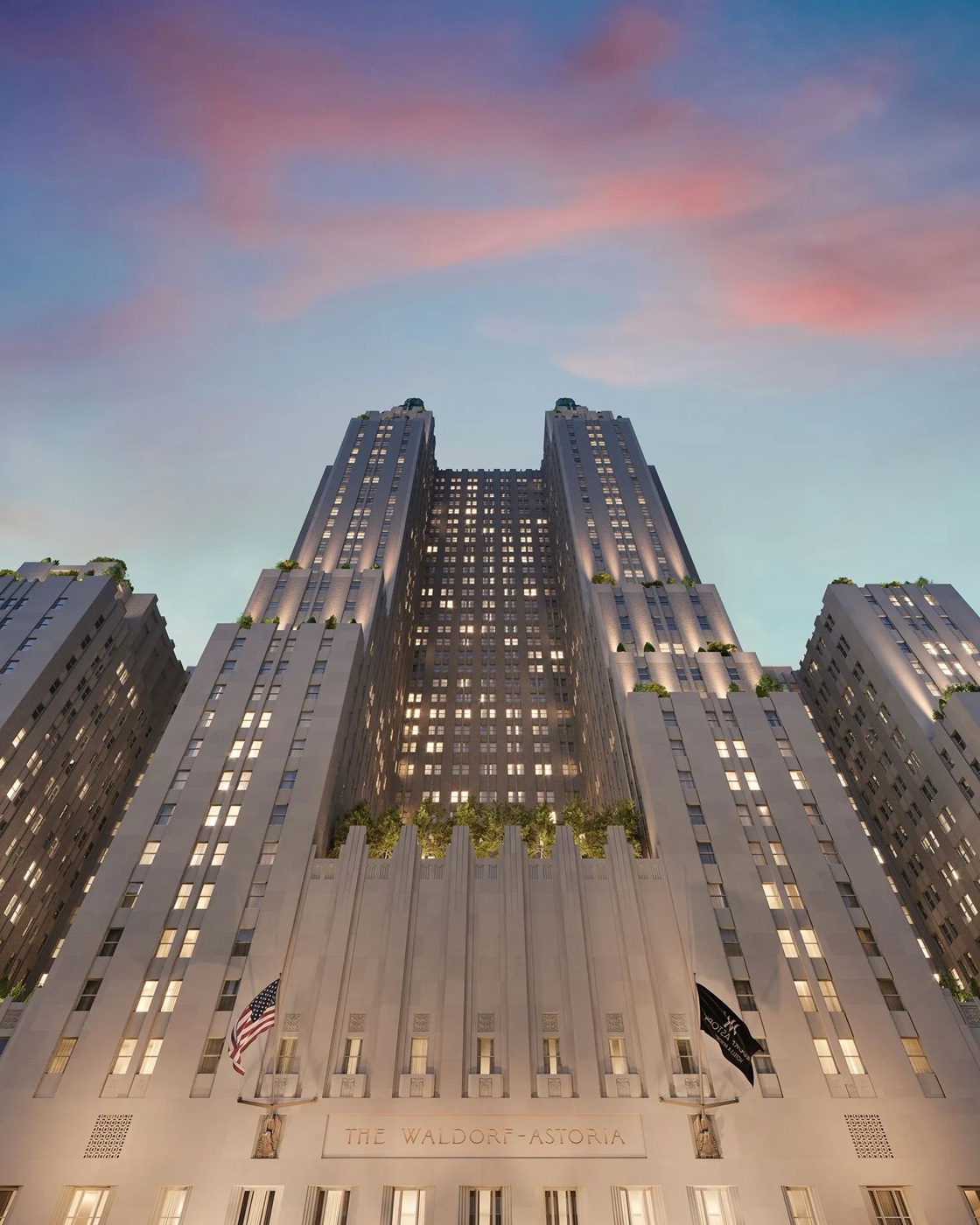 Waldorf Astoria Residences New York The Waldorf Astoria towers at dusk (rendering)