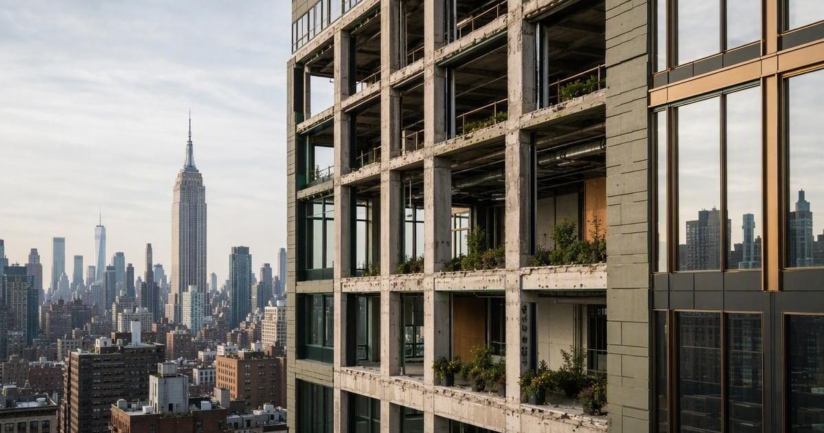 Conceptual editorial illustration for NYC expands C-PACE eligibility for embodied carbon in office conversions