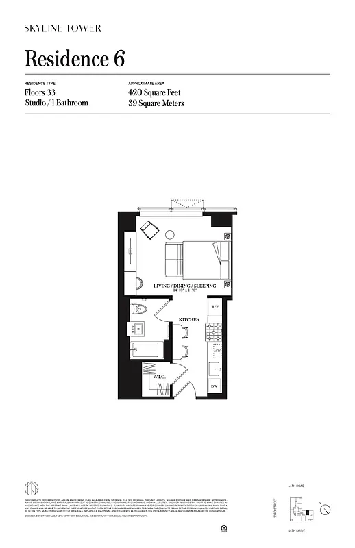 Skyline Tower Studio · Residence 3306 · 413 SF floor plan