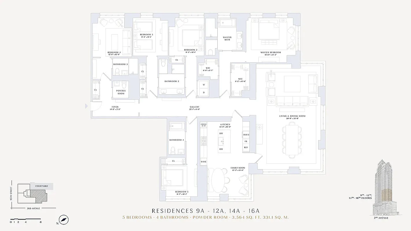 The Kent 5 bedrooms · Residence 15A · 3,564 SF floor plan