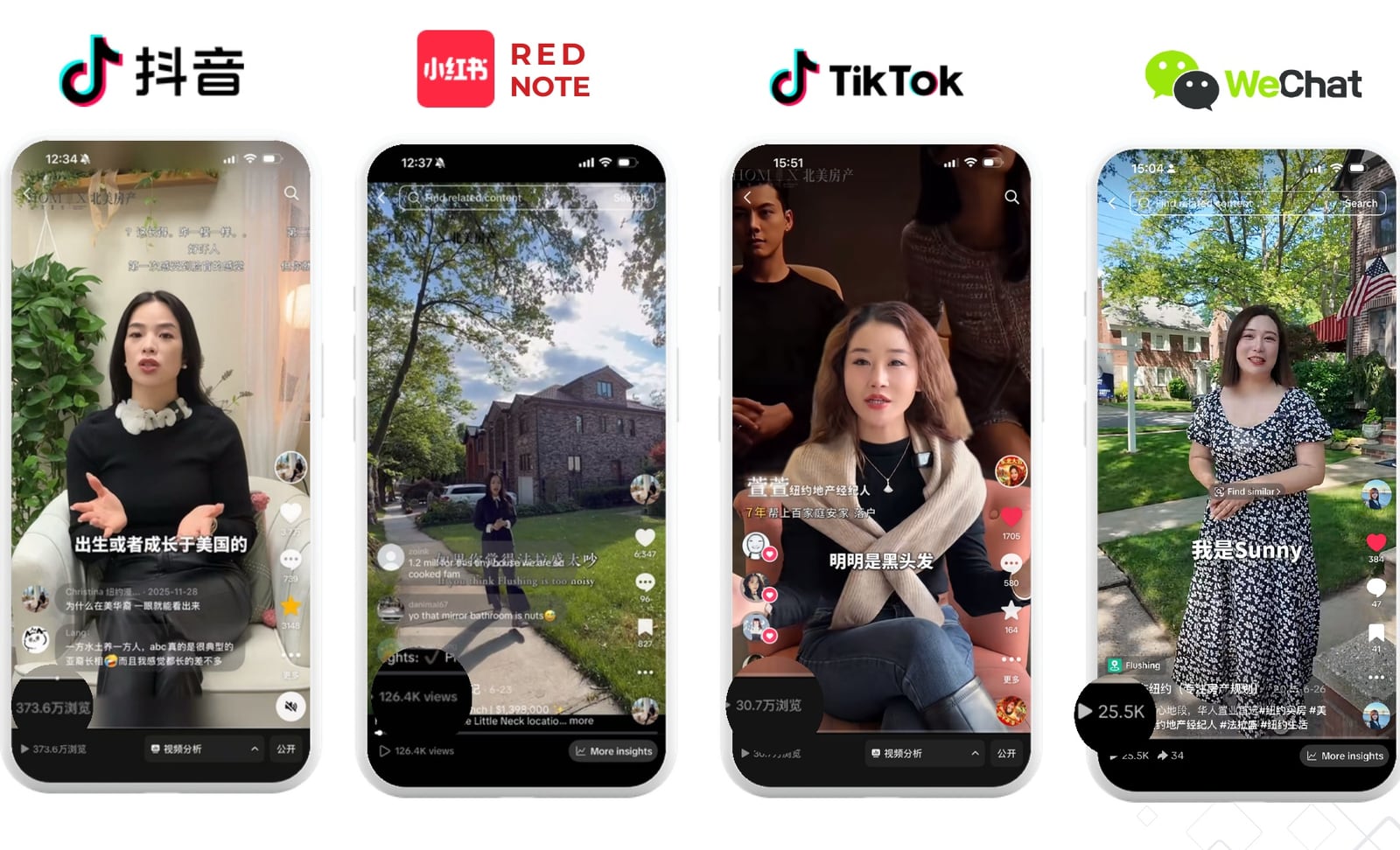 Examples of Homix-affiliated New York real estate content on Douyin, Xiaohongshu, TikTok, and WeChat